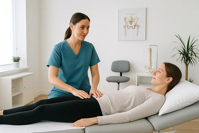 Female pelvic health physiotherapist assessing a woman’s pelvic area during a gentle examination in a modern clinic.