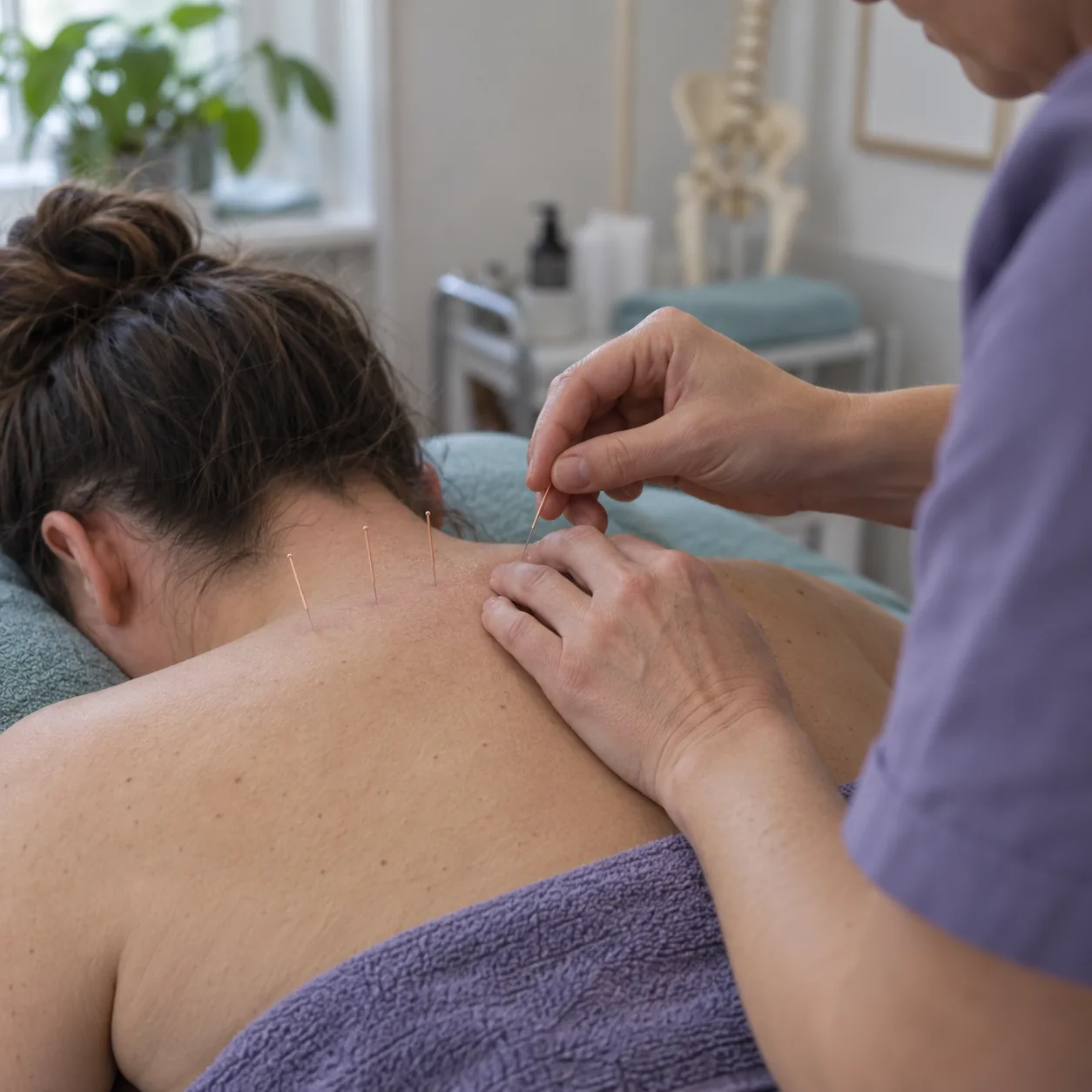 Acupuncture needles being applied to the body to support pain relief and recovery