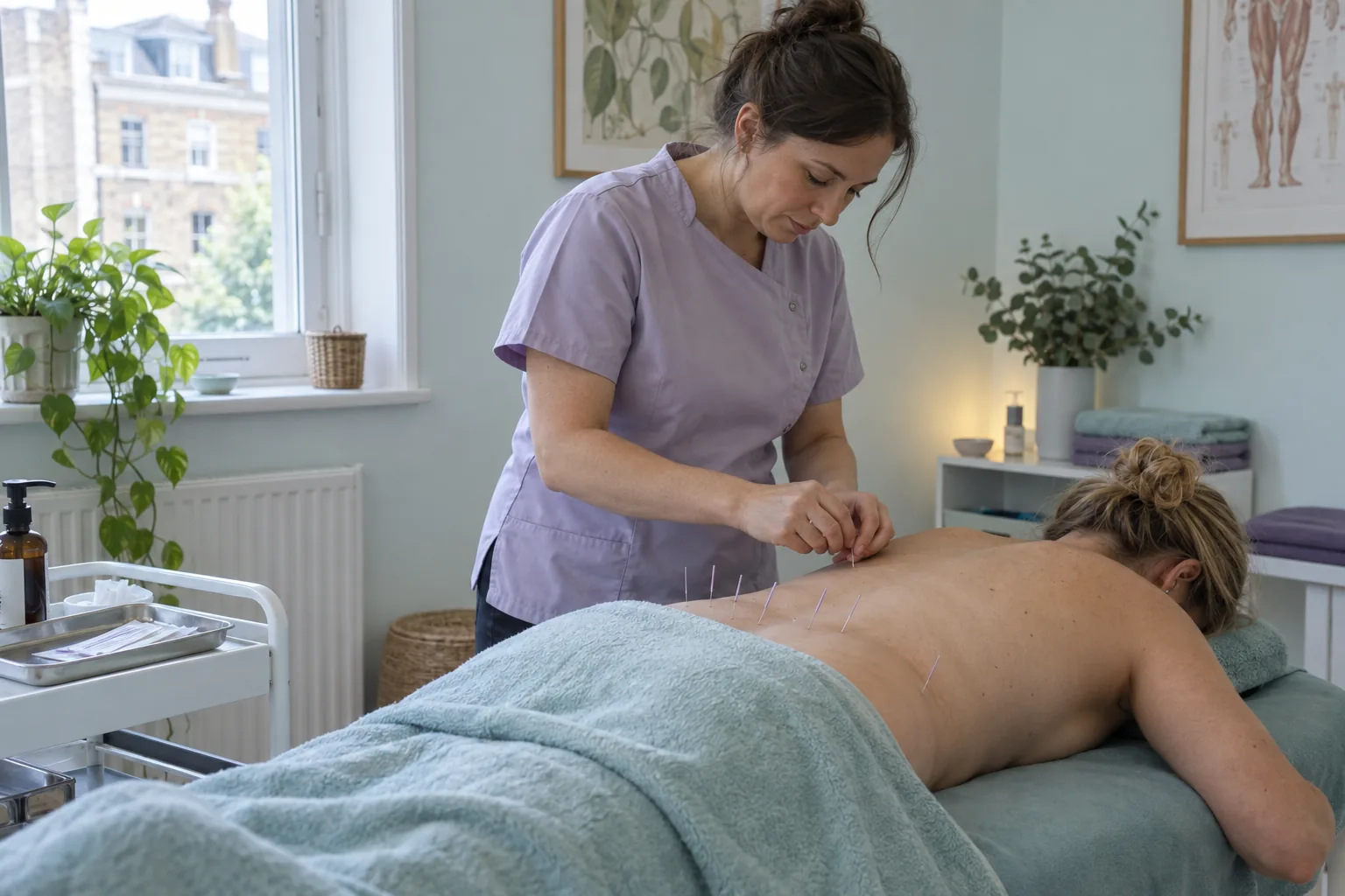Physiotherapist applying acupuncture needles as part of a physiotherapy treatment
