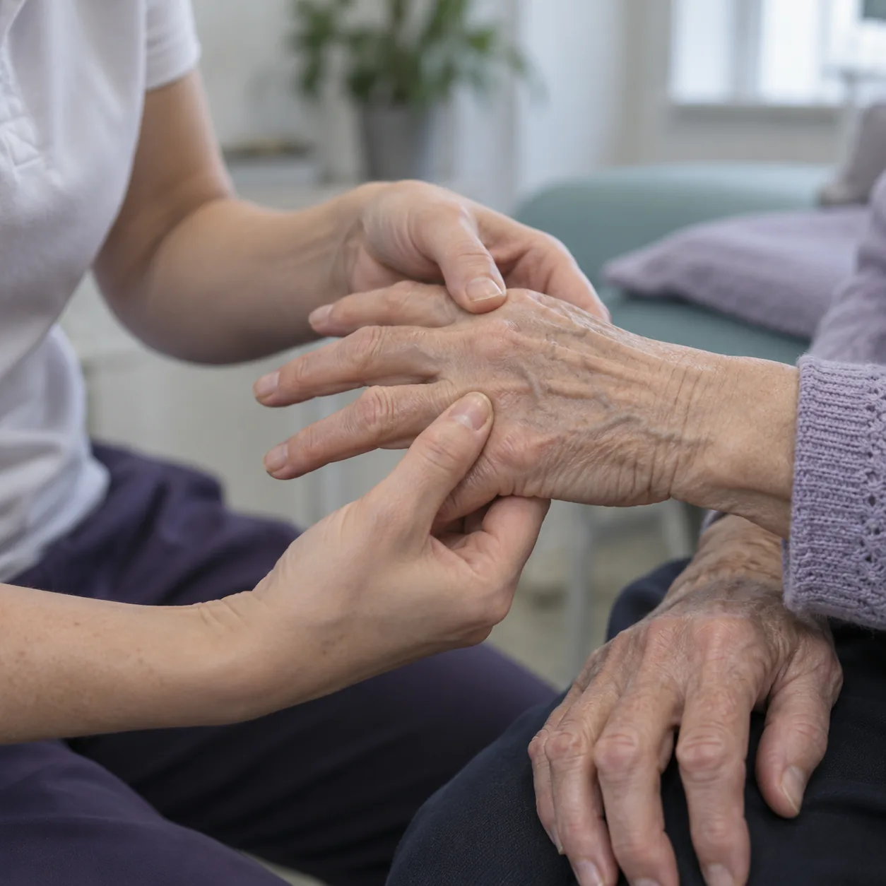 Physiotherapist examining an older patient's hand and finger joints during an arthritis assessment