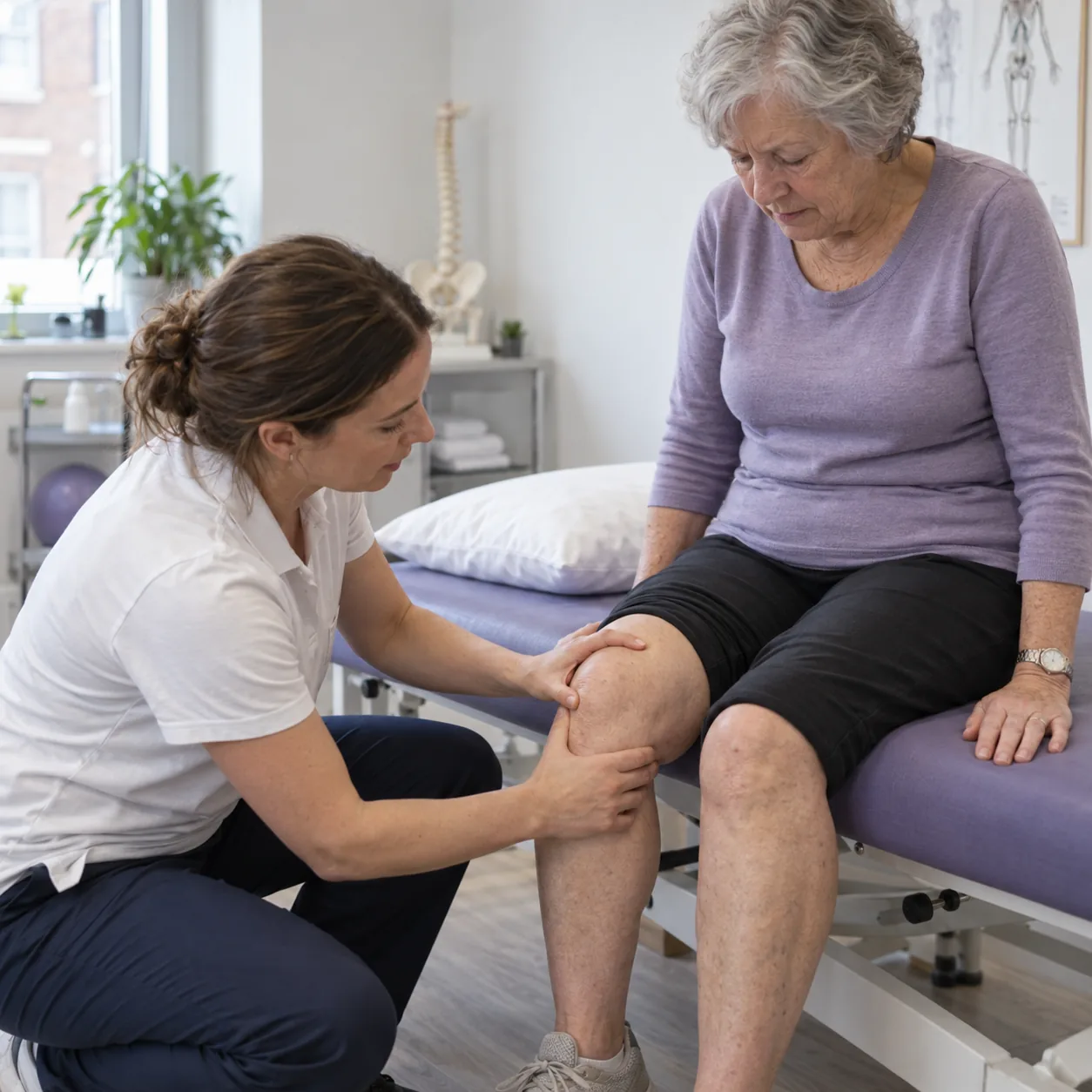 Physiotherapist supporting an older adult with strength exercises for arthritis