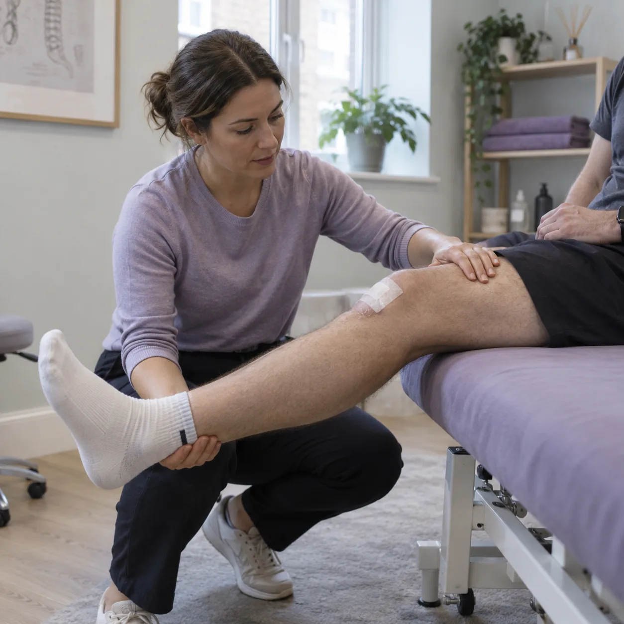 Physiotherapist performing a knee ligament stability test on a patient