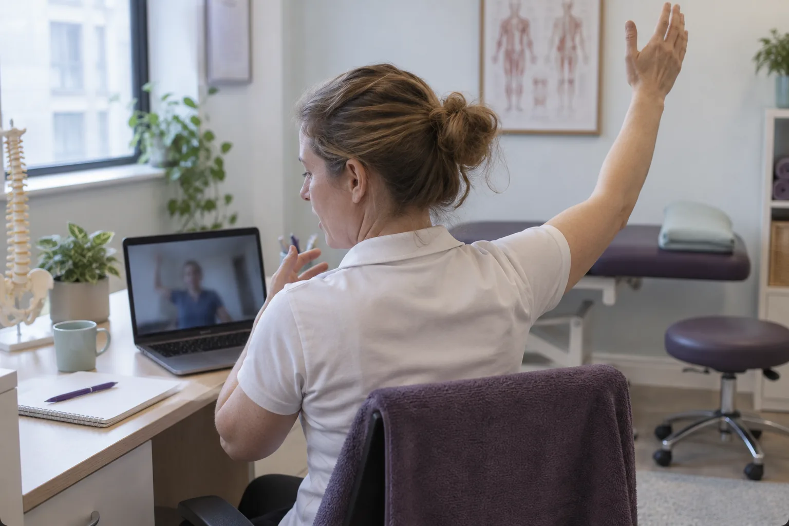 Specialist physiotherapist demonstrating a shoulder movement during an online physiotherapy consultation