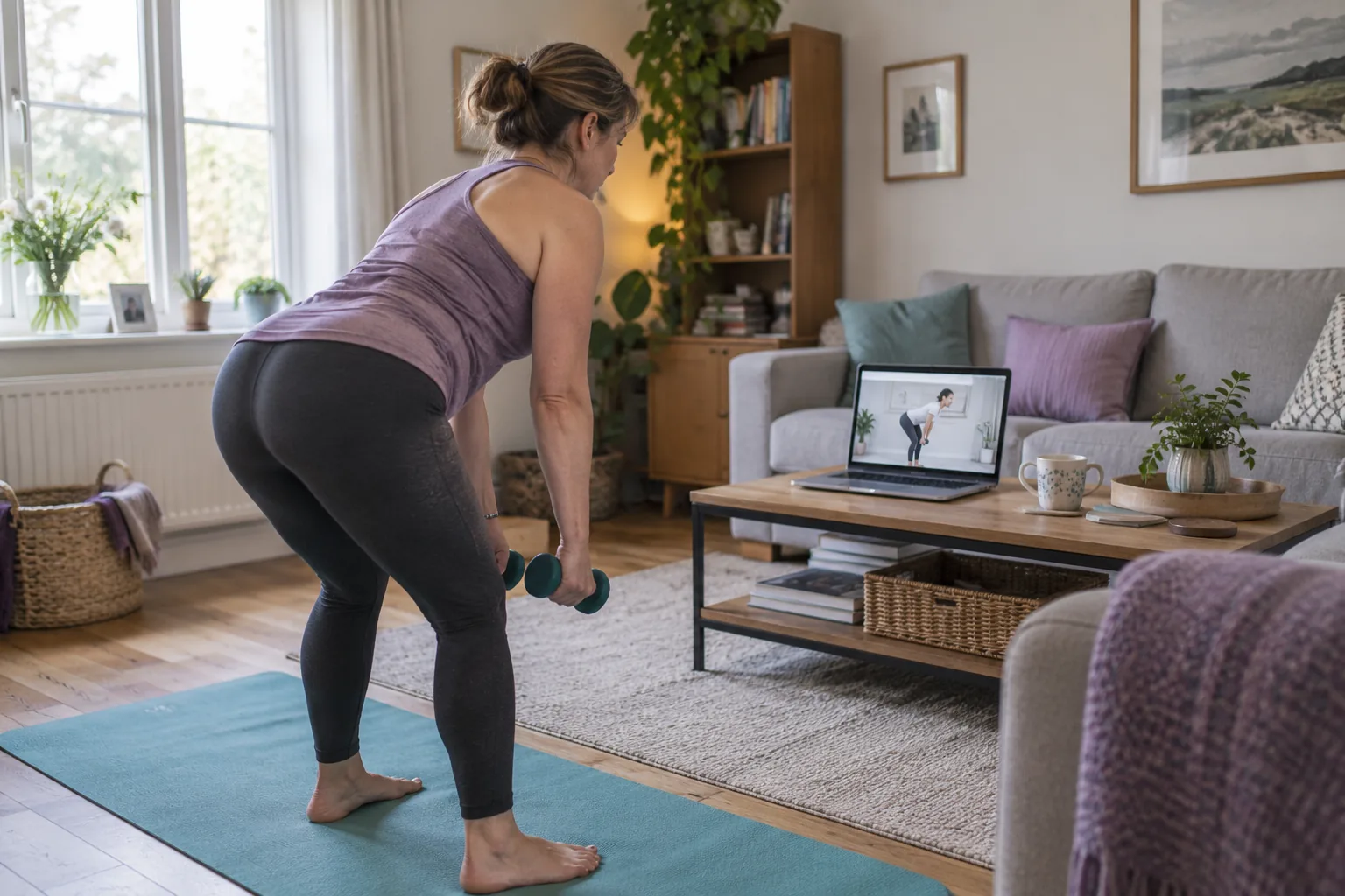 Woman following a physiotherapy exercise during an online physiotherapy session at home