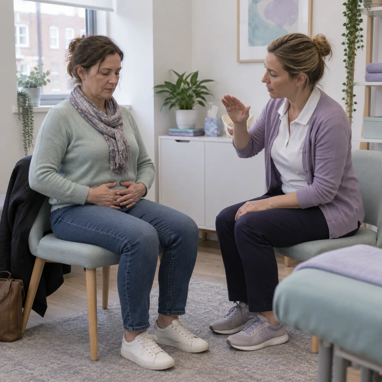 Physiotherapist coaching a woman through a pelvic floor strengthening exercise for bladder control