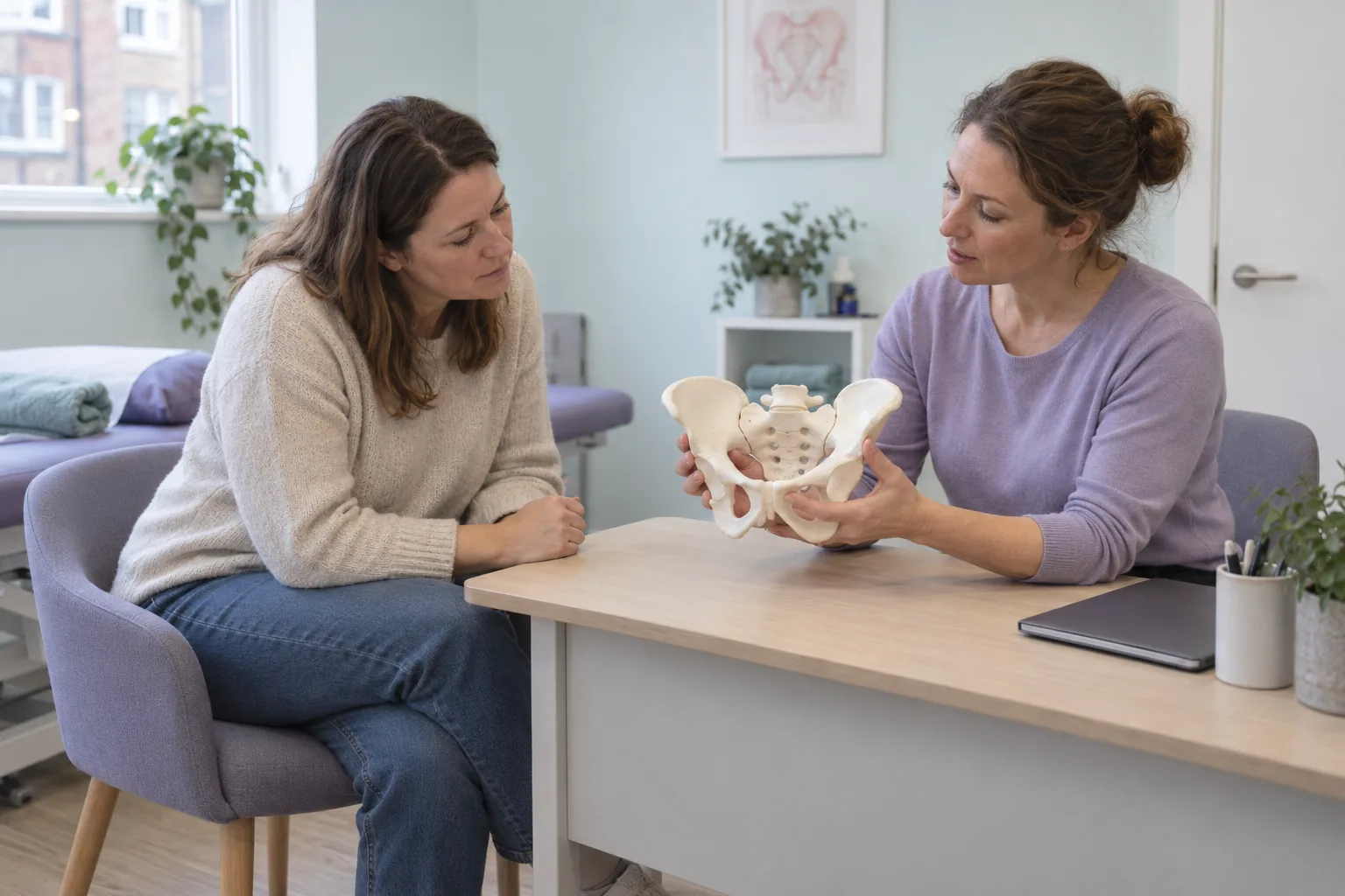 Pelvic health physiotherapist explaining pelvic organ prolapse using an anatomical pelvis model