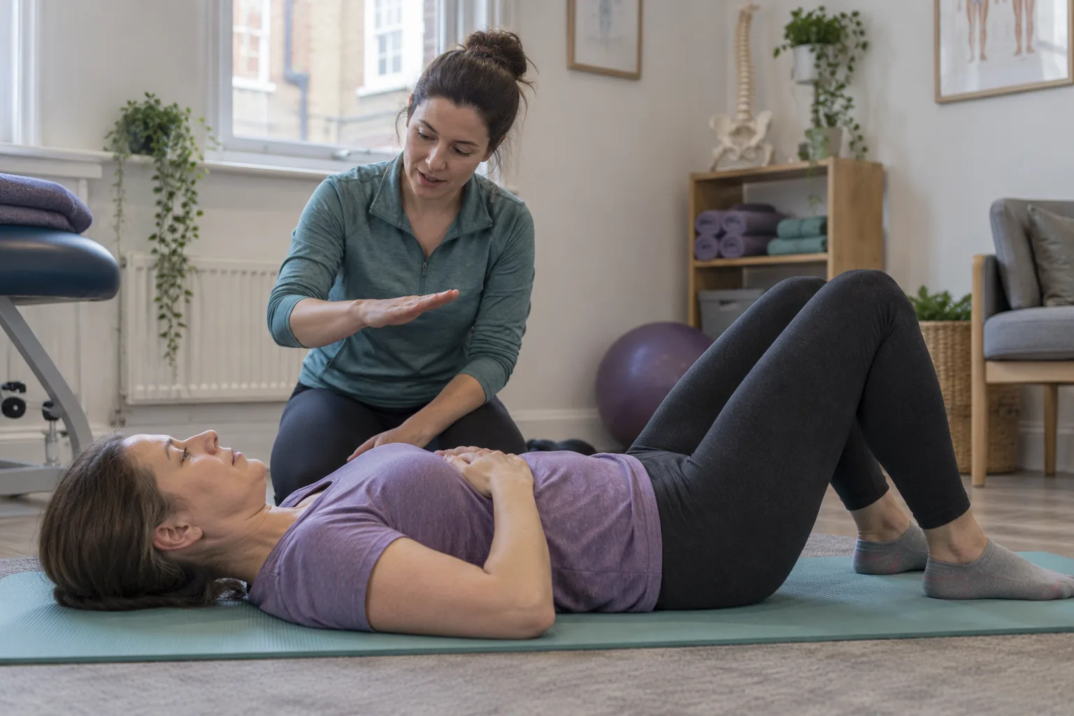Physiotherapist guiding a woman through pelvic floor rehabilitation exercises for prolapse symptoms