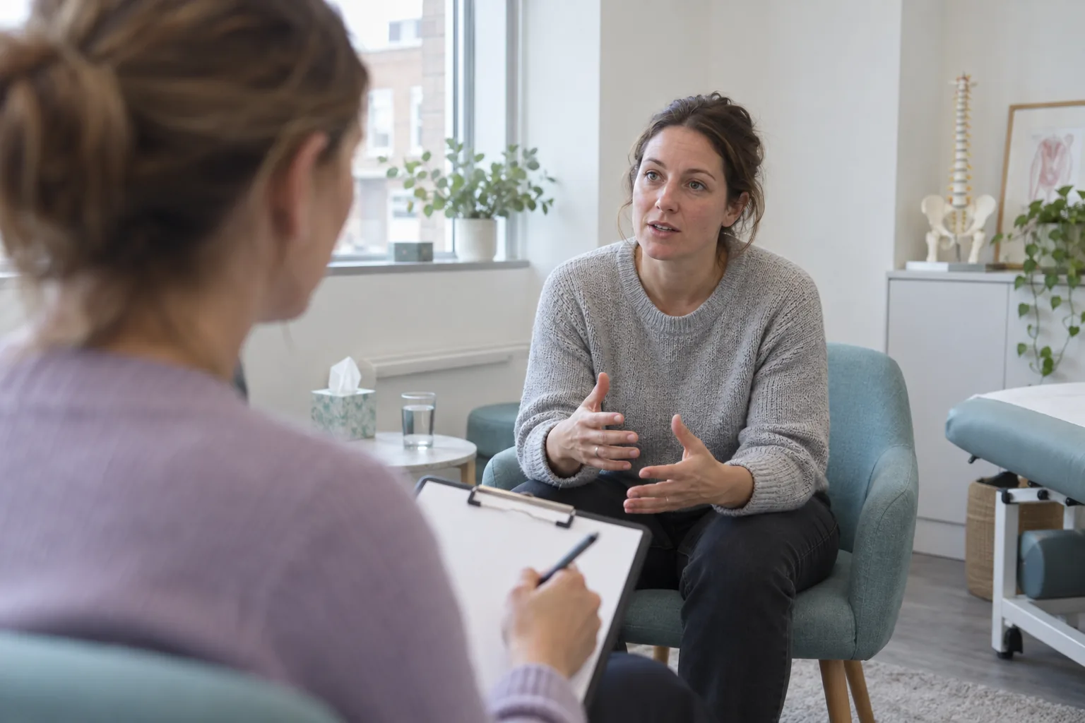Physiotherapist taking a detailed pelvic pain symptom history from a patient