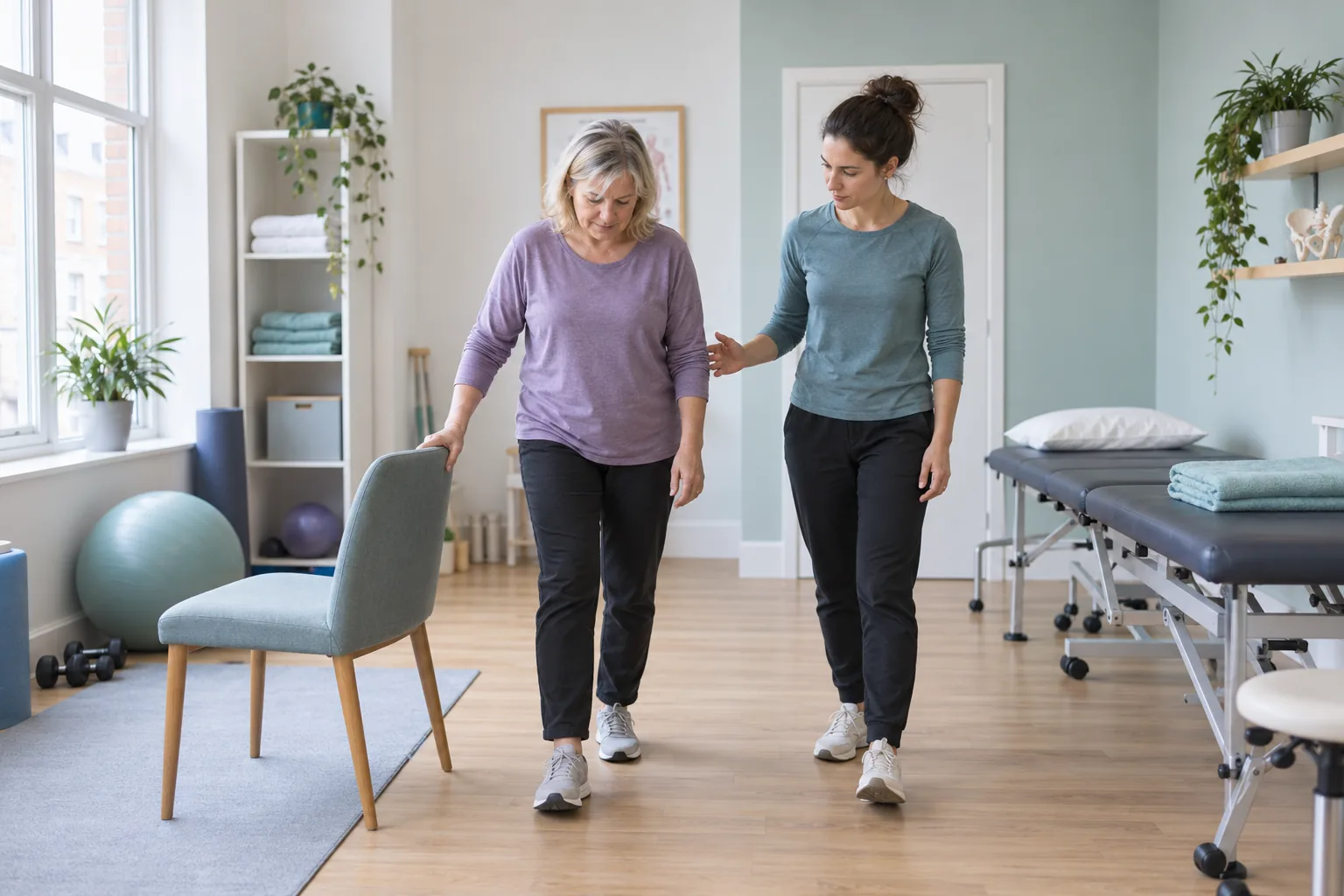 Physiotherapist guiding rehabilitation exercises after surgery in a clinic setting